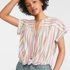 Lou & Grey Loft Rainbow Tie Front Oversized Linen Cotton Blouse Shirt T-shirt, L